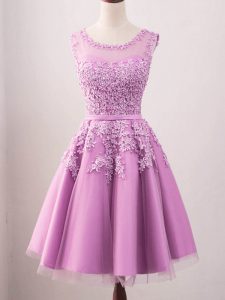 Lilac A-line Tulle Scoop Sleeveless Lace Knee Length Lace Up Court Dresses for Sweet 16