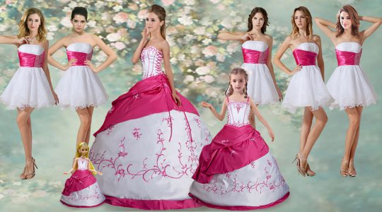 Custom Design White Strapless Lace Up Embroidery and Pick Ups Quinceanera Dress Sleeveless