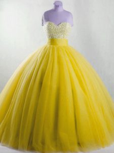 Excellent Floor Length Lace Up Quinceanera Dresses Yellow for Sweet 16 and Quinceanera with Beading