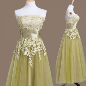 Olive Green Strapless Lace Up Appliques Quinceanera Dama Dress Sleeveless