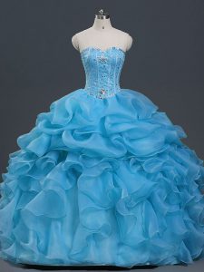 Stylish Baby Blue Sweetheart Neckline Beading and Ruffles and Pick Ups Quinceanera Gowns Sleeveless Lace Up