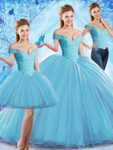 Attractive Baby Blue Off The Shoulder Neckline Beading Quinceanera Gown Sleeveless Lace Up