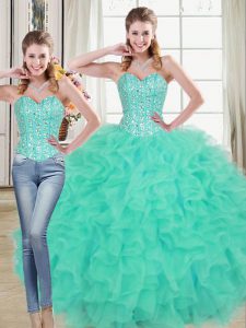 Custom Design Turquoise Sweetheart Lace Up Beading and Ruffled Layers Quinceanera Dresses Brush Train Sleeveless