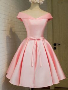 Taffeta Off The Shoulder 3 4 Length Sleeve Lace Up Belt Damas Dress in Baby Pink