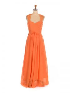 Lovely Sleeveless Chiffon Floor Length Lace Up Dama Dress for Quinceanera in Orange Red with Lace