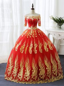 Red Printed Lace Up Off The Shoulder Half Sleeves Floor Length Quinceanera Dress Appliques