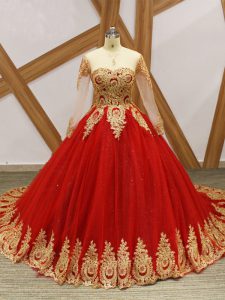 Scoop Long Sleeves Court Train Lace Up Quince Ball Gowns Wine Red Tulle