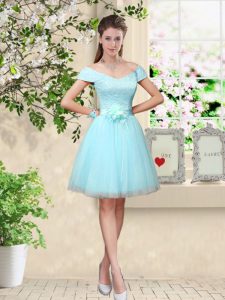 Customized Tulle Cap Sleeves Knee Length Dama Dress and Lace and Belt