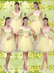 Super Light Yellow Lace Up Quinceanera Court of Honor Dress Lace and Belt Sleeveless Knee Length