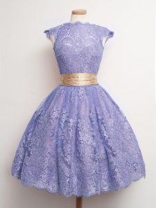 Beautiful Lavender High-neck Lace Up Belt Quinceanera Court Dresses Cap Sleeves