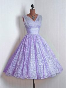 Fitting Lavender Lace Up Quinceanera Dama Dress Lace Sleeveless Mini Length