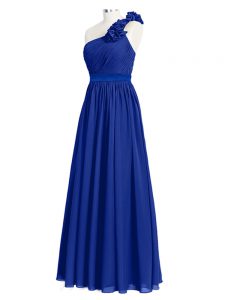 Smart Royal Blue Chiffon Zipper One Shoulder Sleeveless Floor Length Dama Dress for Quinceanera Ruffles and Ruching