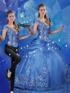 Blue Cap Sleeves Beading and Embroidery Floor Length Sweet 16 Dress