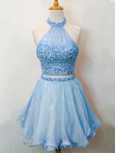 Stylish Organza Halter Top Sleeveless Lace Up Beading Vestidos de Damas in Blue