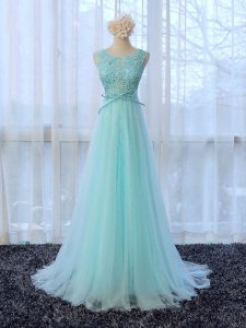 Beautiful Zipper Quinceanera Court Dresses Apple Green for Prom and Party and Wedding Party with Lace and Bowknot Brush Train