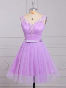 Superior Mini Length Lace Up Dama Dress for Quinceanera Lilac for Prom and Party and Wedding Party with Appliques and Belt