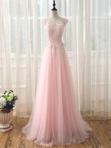 Baby Pink Zipper Quinceanera Court Dresses Beading and Lace Cap Sleeves Brush Train