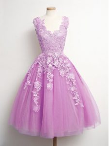 High Quality Knee Length Lace Up Vestidos de Damas Lilac for Prom and Party and Wedding Party with Appliques