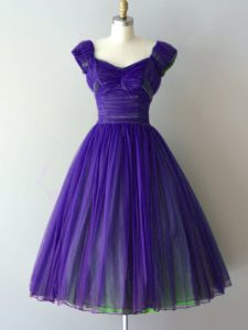 Cap Sleeves Knee Length Ruching Lace Up Quinceanera Dama Dress with Purple