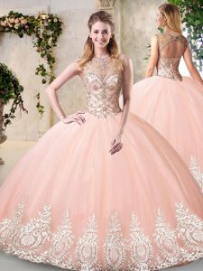 Artistic Peach Scoop Neckline Beading and Appliques Sweet 16 Dresses Sleeveless Backless
