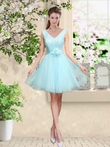 High Quality Aqua Blue A-line V-neck Sleeveless Tulle Knee Length Lace Up Lace and Belt Quinceanera Court of Honor Dress