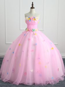 Noble Floor Length Lace Up 15th Birthday Dress Pink for Military Ball and Sweet 16 and Quinceanera with Appliques and Hand Made Flower
