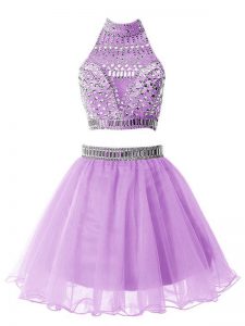 A-line Dama Dress for Quinceanera Lilac High-neck Organza Sleeveless Knee Length Zipper