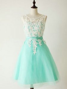 Custom Made Turquoise A-line Scoop Sleeveless Tulle Knee Length Lace Up Lace Dama Dress for Quinceanera