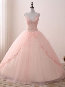 Pink Sleeveless Floor Length Beading and Appliques Lace Up Quinceanera Gown