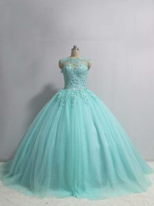 New Style Ball Gowns Quinceanera Dress Aqua Blue Scoop Tulle Sleeveless Floor Length Lace Up
