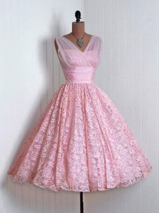 V-neck Sleeveless Dama Dress Mini Length Lace Baby Pink Lace