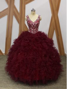 Dazzling Burgundy V-neck Neckline Beading and Ruffles Ball Gown Prom Dress Sleeveless Backless
