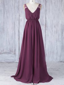 Affordable Burgundy Backless Vestidos de Damas Appliques Sleeveless Floor Length