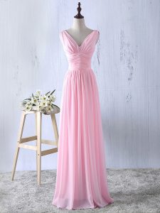 Excellent Baby Pink Empire Chiffon V-neck Sleeveless Ruching Floor Length Zipper Quinceanera Court of Honor Dress