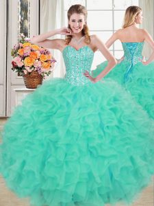 Sleeveless Floor Length Beading and Ruffles Lace Up Sweet 16 Dress with Turquoise