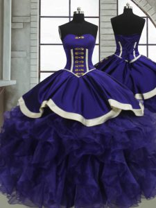 Floor Length Lace Up Quinceanera Gowns Purple for Military Ball and Sweet 16 and Quinceanera with Ruffles