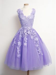 Lavender A-line Tulle V-neck Sleeveless Appliques Knee Length Lace Up Damas Dress