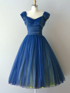 Dazzling Blue Lace Up V-neck Ruching Dama Dress for Quinceanera Chiffon and Tulle Cap Sleeves