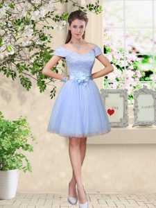 Cap Sleeves Knee Length Lace and Belt Lace Up Court Dresses for Sweet 16 with Lavender