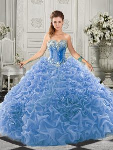 Sleeveless Beading and Ruffles Lace Up 15th Birthday Dress with Light Blue Court Train