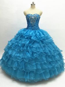 Glorious Teal Sleeveless Organza Lace Up Vestidos de Quinceanera for Military Ball and Sweet 16 and Quinceanera