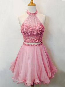Pink Sleeveless Beading Knee Length Damas Dress