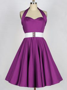 Fashionable Purple Sleeveless Knee Length Belt Lace Up Vestidos de Damas