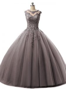 Flare Brown Quinceanera Gown Military Ball and Sweet 16 and Quinceanera with Beading and Lace Scoop Sleeveless Lace Up