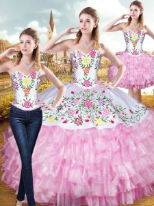 Fantastic Rose Pink Sleeveless Organza and Taffeta Lace Up Quinceanera Dresses for Military Ball and Sweet 16 and Quinceanera