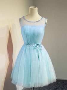Custom Fit Knee Length Lace Up Court Dresses for Sweet 16 Aqua Blue for Prom and Wedding Party with Belt
