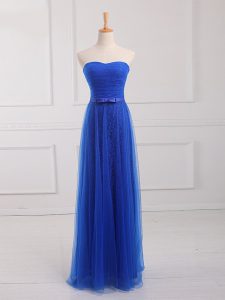 Modern Sleeveless Floor Length Belt Lace Up Quinceanera Dama Dress with Royal Blue
