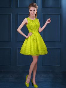 Charming Yellow Green A-line Lace and Ruffled Layers Quinceanera Dama Dress Zipper Tulle Sleeveless Knee Length