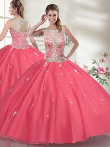 Sophisticated Hot Pink Quince Ball Gowns Military Ball and Sweet 16 and Quinceanera with Beading Scoop Sleeveless Zipper
