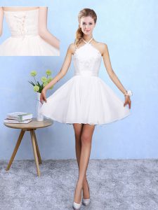 Artistic Halter Top Sleeveless Chiffon Dama Dress for Quinceanera Lace and Appliques Lace Up